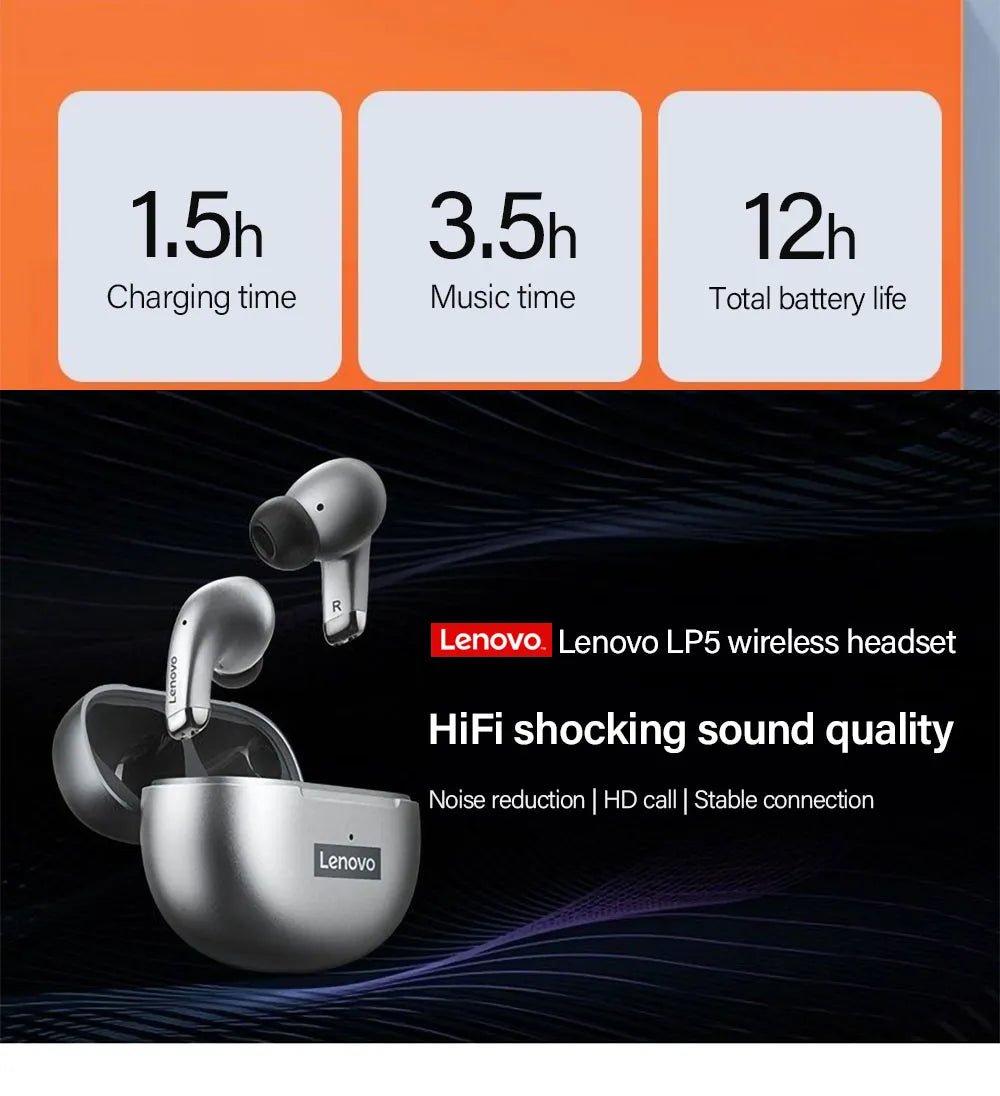 Lenovo LP5 Wireless Earbuds – Bluetooth 5.0 with Noise Reduction (Random Colors) - Unistyles store