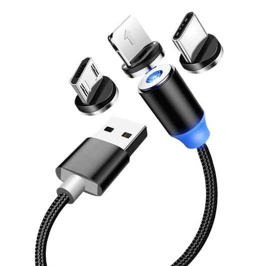 3 - in - 1 Magnetic Charging Cable – Micro USB, Type - C, iPhone | 360° Rotate | LED | Nylon Braided - Unistyles store